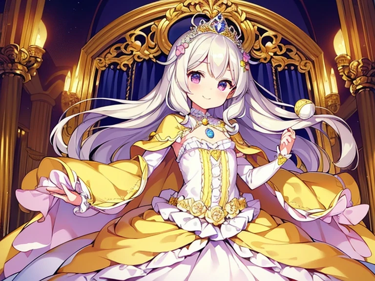 looking at viewer,(kawaii),(best quality),(ultra detailed), upper body,(rococo style),(long train pastel yellow cape:1.15), very long cape,(long train white ball gown with flower decorations:1.1), a girl is wearing a cape over her gown, 1 little princess, tiara, smile, very long hair, small breasts