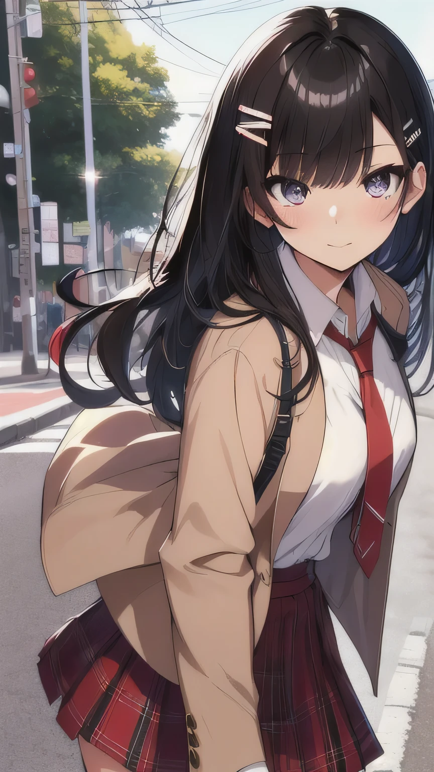 black hair, hairclip, sparkle, pov, anatomically correct, high details, highres, high quality, textured skin, masterpiece, accurate, perfect detailed eyes, perfect detailed face, ultra-detailed nose, Japanese high school girl, blazer, plaid skirt, white shirt, red tie, (on street:1.3)