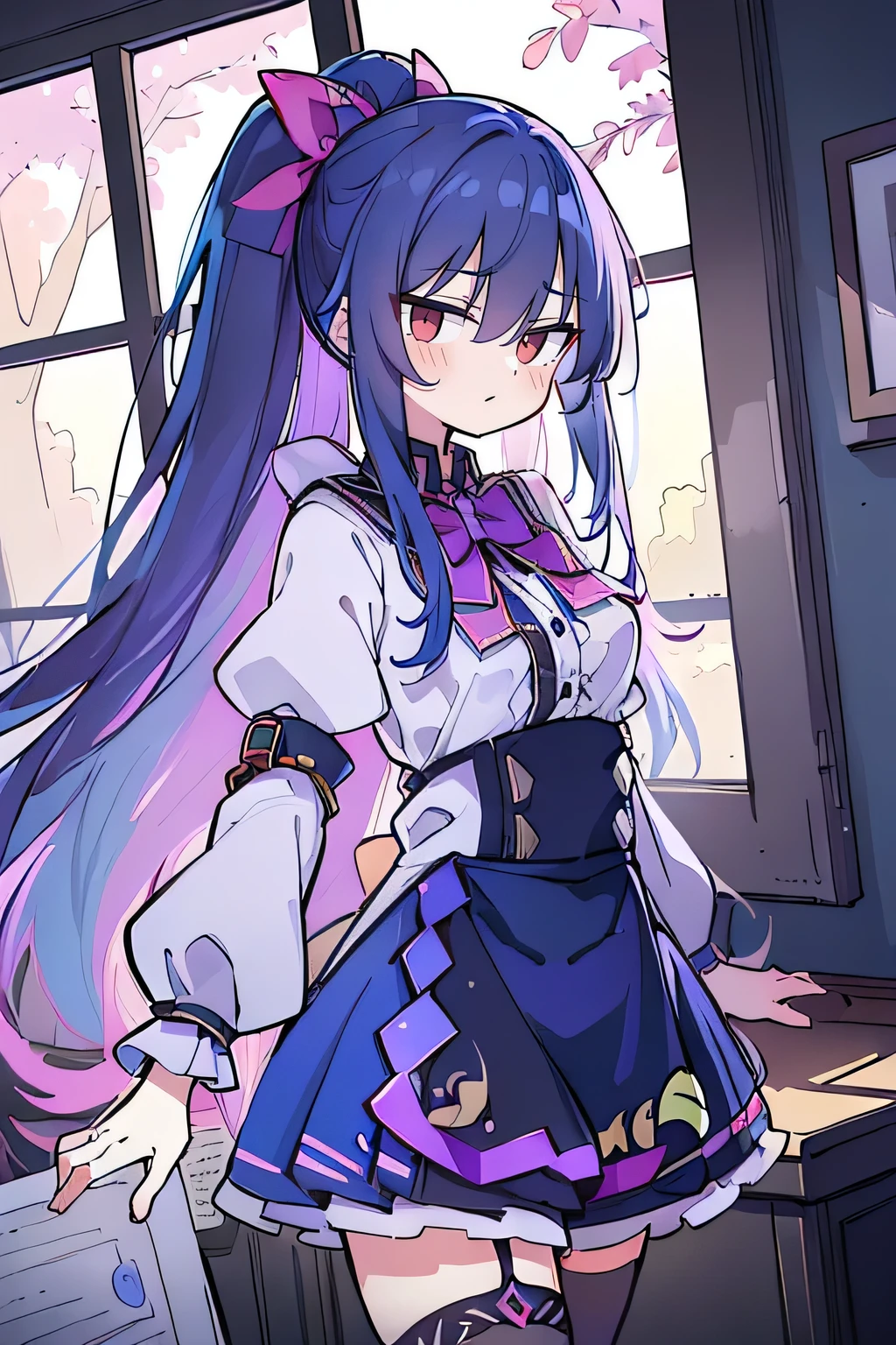 (best quality:1.3), (masterpiece:1.3), (illustration:1.3), (ultra-detailed:1.3), (imid shot:0.9), 1girl, medium breasts, purple eyes, (((dark blue hair))), hair ornaments, young, outfit-gladiia, long hair, dark blue hair, indoors, black shorts, thigh-highs, low ponytail, expressionless, upper body, close up, coat, skirt,