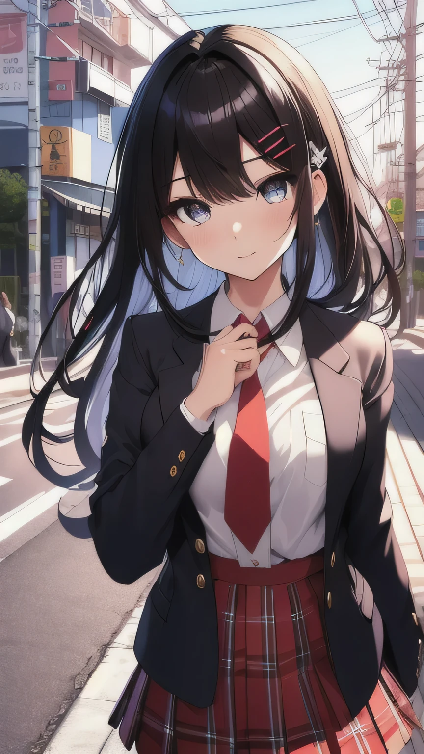 black hair, hairclip, sparkle, pov, anatomically correct, high details, highres, high quality, textured skin, masterpiece, accurate, perfect detailed eyes, perfect detailed face, ultra-detailed nose, Japanese high school girl, blazer, plaid skirt, white shirt, red tie, (on street:1.3)