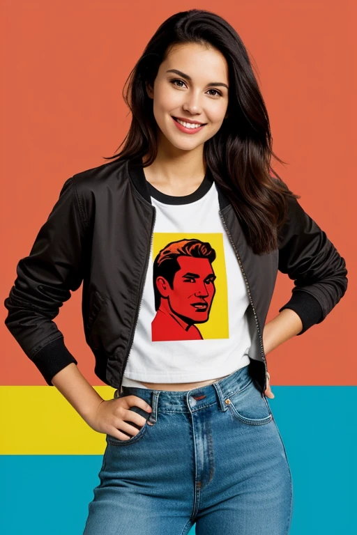 ((best quality)), A blend of pop art and flat design with bold outlines, a limited color palette (focus on red, yellow, and black), and a touch of comic book elements (speech bubble). Mid-20s, with an expressive face that conveys curiosity and knowledge.
A thoughtful expression with a hint of a smile.
Short, brown hair with a side part, styled in a relaxed way.
Wearing a stylish outfit like dark-wash jeans, a graphic t-shirt related to food or health, and a bomber jacket.
Holding a notepad and pen in their hands.