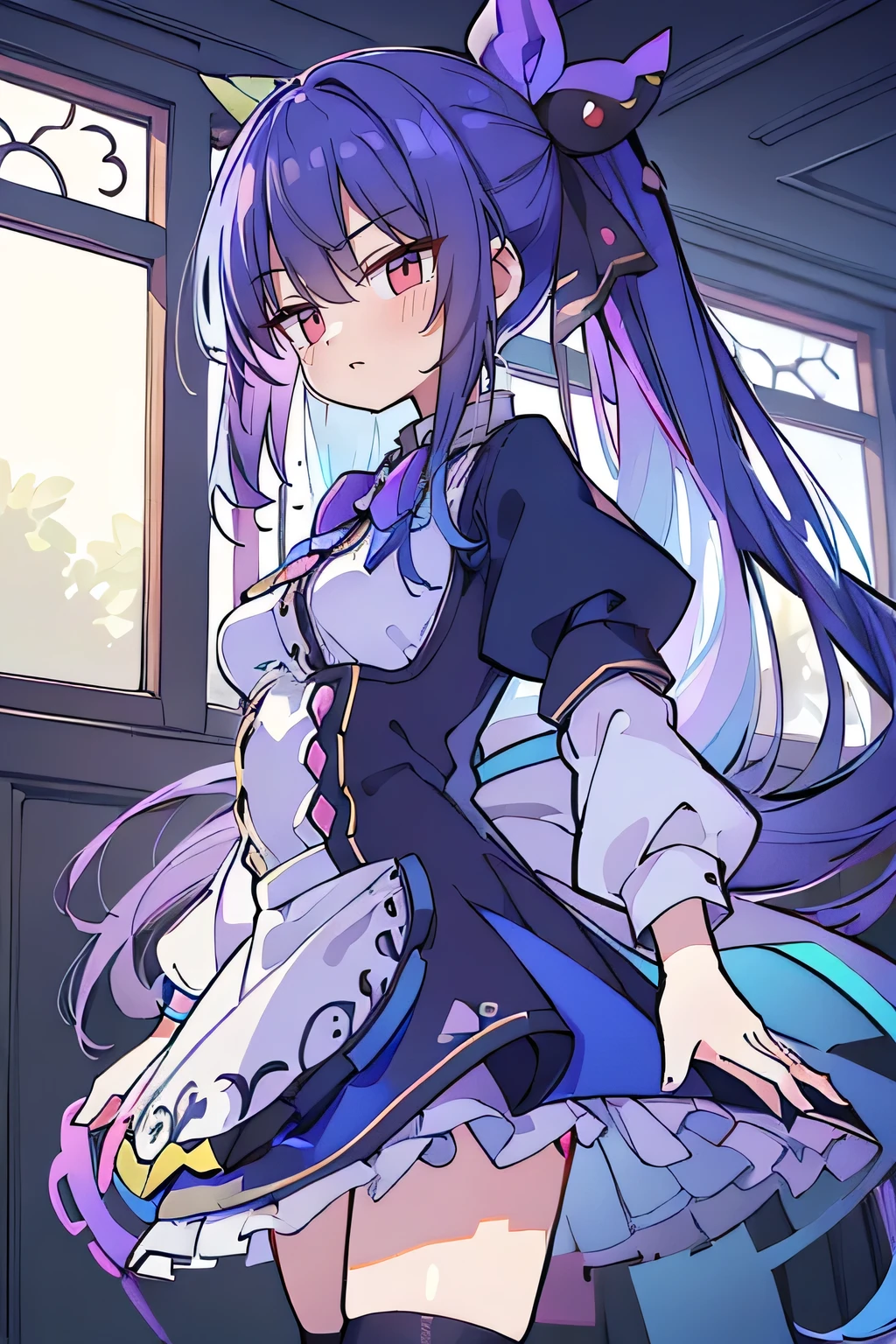 (best quality:1.3), (masterpiece:1.3), (illustration:1.3), (ultra-detailed:1.3), (imid shot:0.9), 1girl, medium breasts, purple eyes, (((dark blue hair))), hair ornaments, young, outfit-gladiia, long hair, dark blue hair, indoors, black shorts, thigh-highs, low ponytail, expressionless, upper body, close up, coat, skirt,