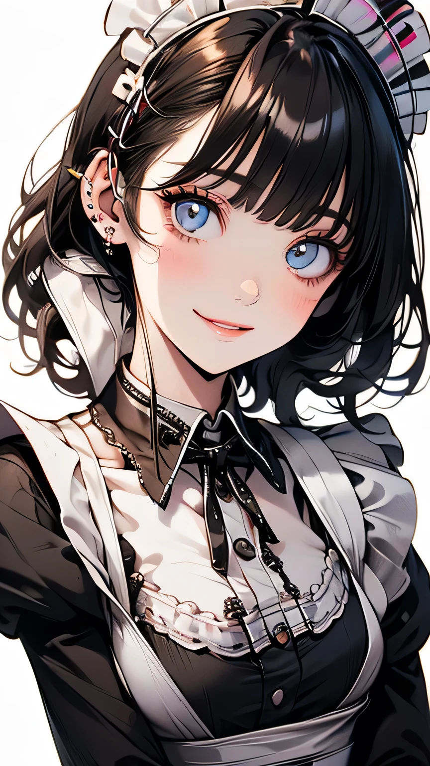 ((Beautiful maid:1.5),High resolution, highest quality),Wearing maid uniform,Soft hands, Big bright eyes, Dark and vibrant curly hair, Cute smile, Rosy Cheeks, Soft Light, Pure white background.