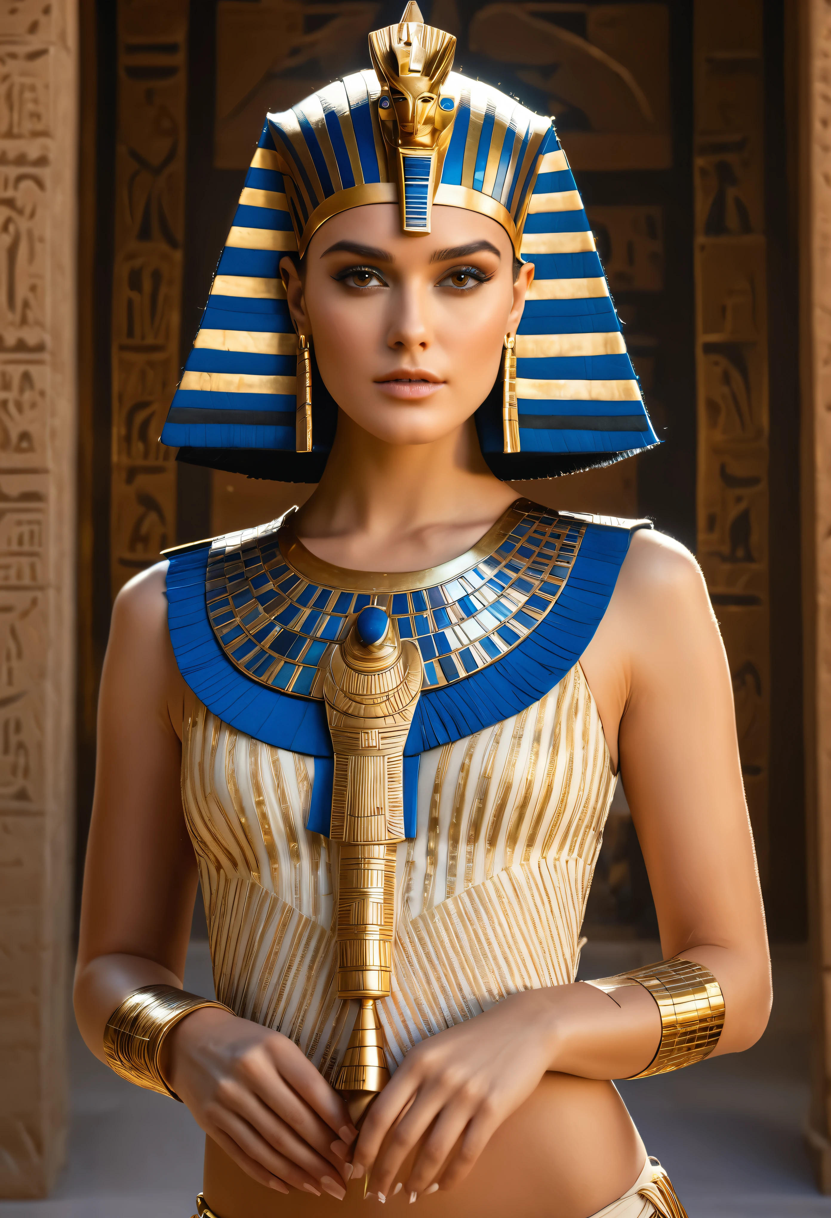 Cinematic portrait, professional cinematography, a close up of a woman in a gold outfit with an egyptian mask, beautiful cleopatra, insane details, egyptian princess, cinematic goddess close shot, cleopatra, extremely beautiful lady, cinematic goddess body shot, cleopatra portrait, goddess, stunning beauty, extremely high detail, egyptian, cleopatra in her palace, cinematic goddess shot, egyptian style, extremely detailed goddess shot, beautiful goddess, Keira Knightley as egyptian, Keira Knightley gorgeous and beautiful pharaoh, portrait of cleopatra, uhd, 8k, 32k, sharp, intricate, highly detailed, detailed Beauty,hdr, cinematic vision, flawless picture, ancient Egypt environment in background