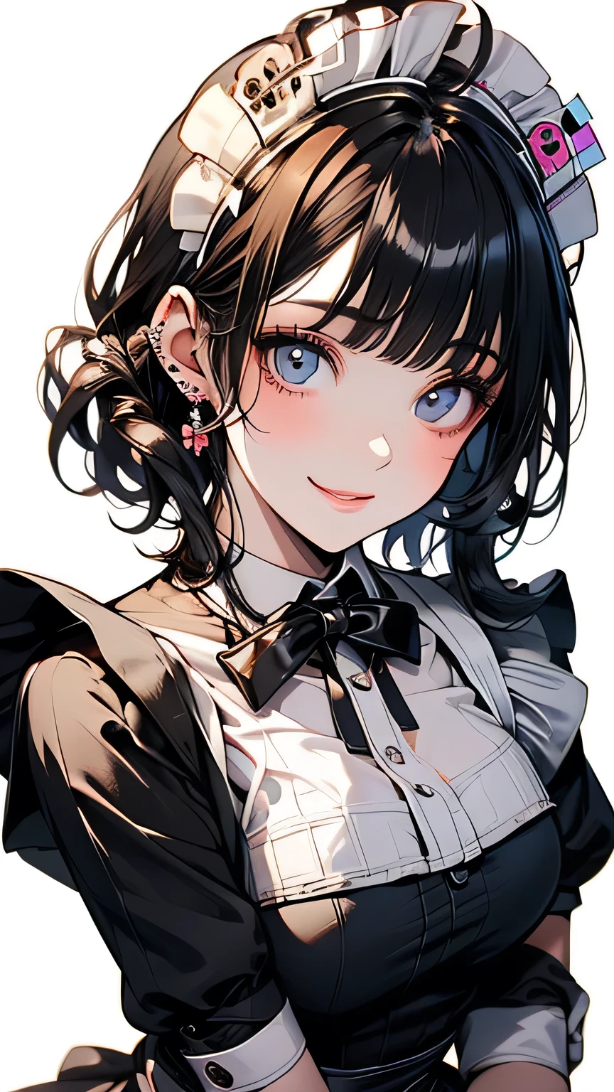 ((Beautiful maid:1.5),High resolution, highest quality),Wearing maid uniform,Soft hands, Big bright eyes, Dark and vibrant curly hair, Cute smile, Rosy Cheeks, Soft Light, Pure white background.