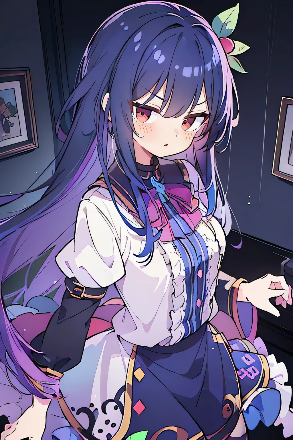 (best quality:1.3), (masterpiece:1.3), (illustration:1.3), (ultra-detailed:1.3), (imid shot:0.9), 1girl, medium breasts, purple eyes, (((dark blue hair))), hair ornaments, young, outfit-gladiia, long hair, dark blue hair, indoors, black shorts, thigh-highs, low ponytail, expressionless, upper body, close up, coat, skirt,