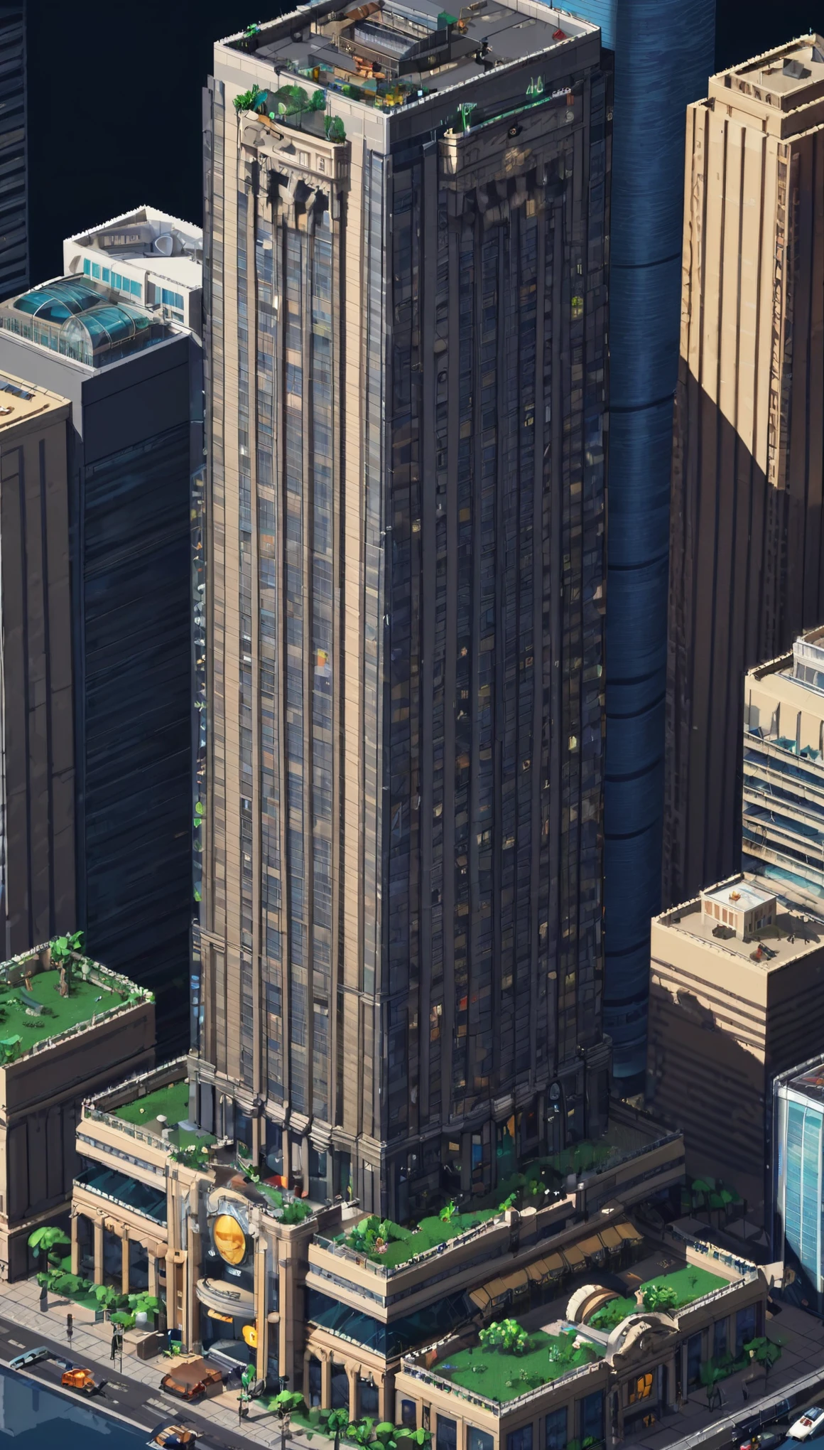 A 3D view of an immensely tall and extremely wide skyscraper in the exact graphic style of a classic pixel art game. The skyscraper reaches high into the sky, touching the stratosphere, and has numerous rooms depicted in a highly detailed pixel art style. The camera angle is from a very low position in front of the skyscraper, extremely close to the building, sharply tilted upwards to emphasize the enormous height in a 3D perspective. The outer wall is entirely covered with thousands of rooms, including fast food restaurants, offices, sky lobbies, retail stores, hotel rooms, elevators, and larger lifts, all depicted in highly detailed pixel art. The bottom area of the skyscraper is incredibly extravagant, featuring grand entrances and luxurious decorations. The lobby is three floors high and lively, filled with many NPCs interacting and moving around, engaged in activities like chatting, walking, using elevators, shopping in retail stores, and dining in restaurants. The focus is on the bottom area of the skyscraper to clearly see all the details without distortion.