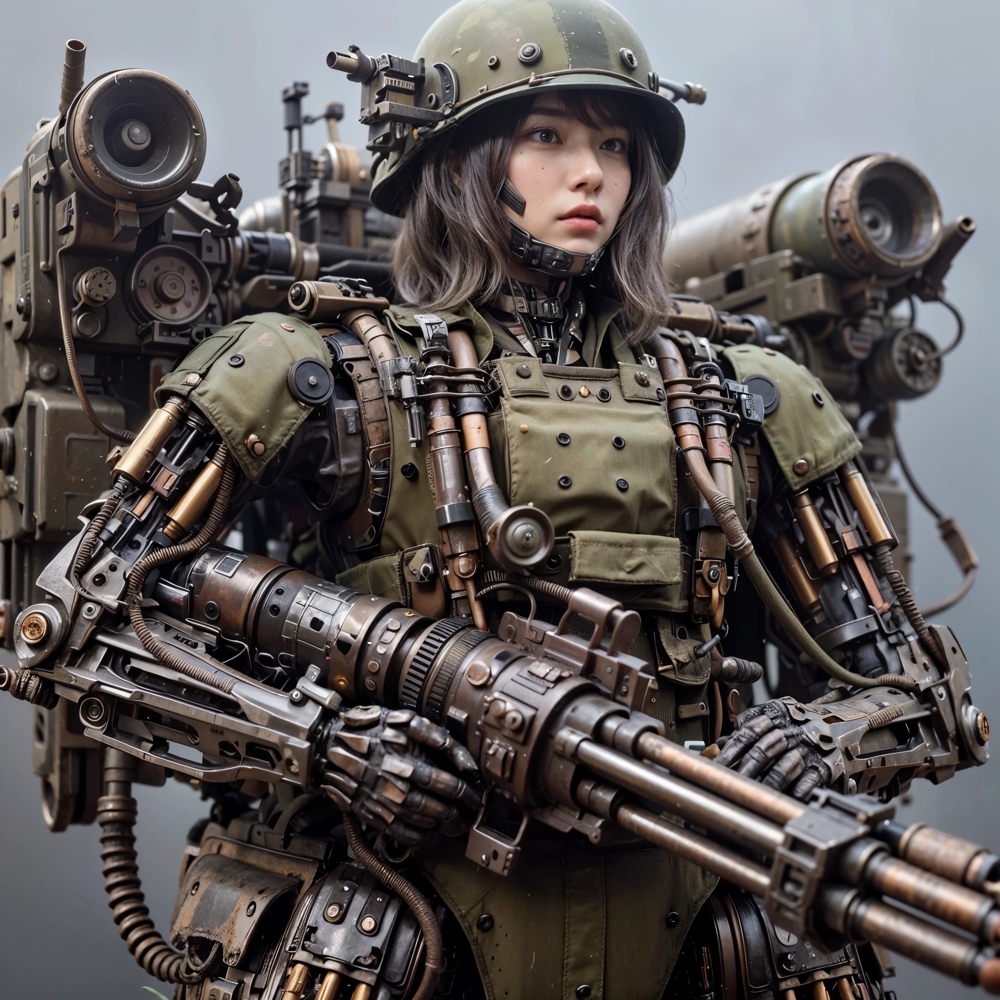 8K, Real Photo, Realistic Skin Texture, Super Realism, (WWII Era), (Mechanical Suit), Steampunk, Beautiful Forest Through Trees, Heavy Weapons, Vivid Textures, Beautiful Hair, Japanese Female Soldier, (Super Beautiful Face), Legs, ((Super Realistic All Textures)), ((Superall intricate details))), full body shot, super clear photo results, olive drab color, scratches, rust, weathering, sweat, action poses in motion, shot with Fujifilm X-T30 + Nokton. HDR10, minimum 4 images created.