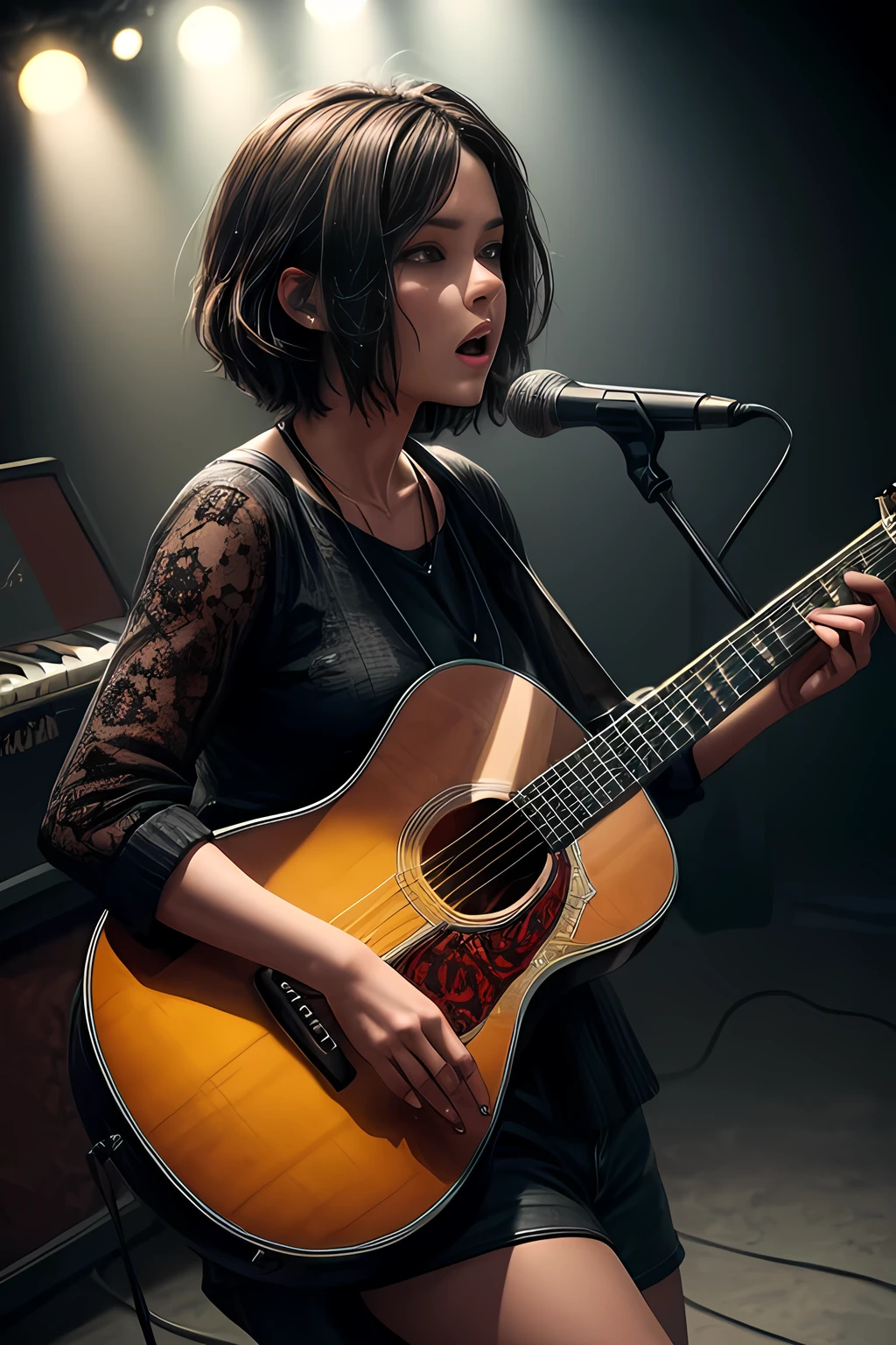 a talented guitarist playing an Acoustic guitar, photorealistic, highly detailed, intricate, cinematic lighting, dramatic shadows, vibrant colors, musical instruments, stage performance, focus on the musician's hands and expression, crowd in the background, studio lighting, ultra-detailed, best quality, 8k, HDR