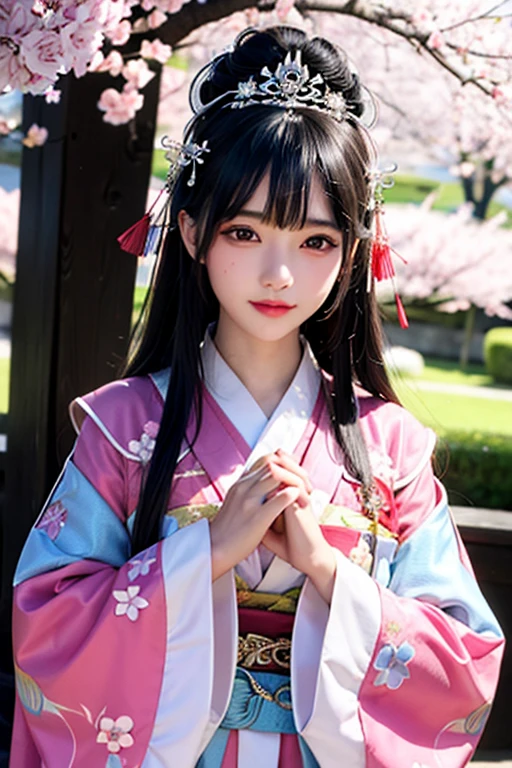 goddess 12unlined kimono The color is lustrous upright Joining hands in prayer looking at the camera Background is cherry blossoms Front view tiara Upper Body big