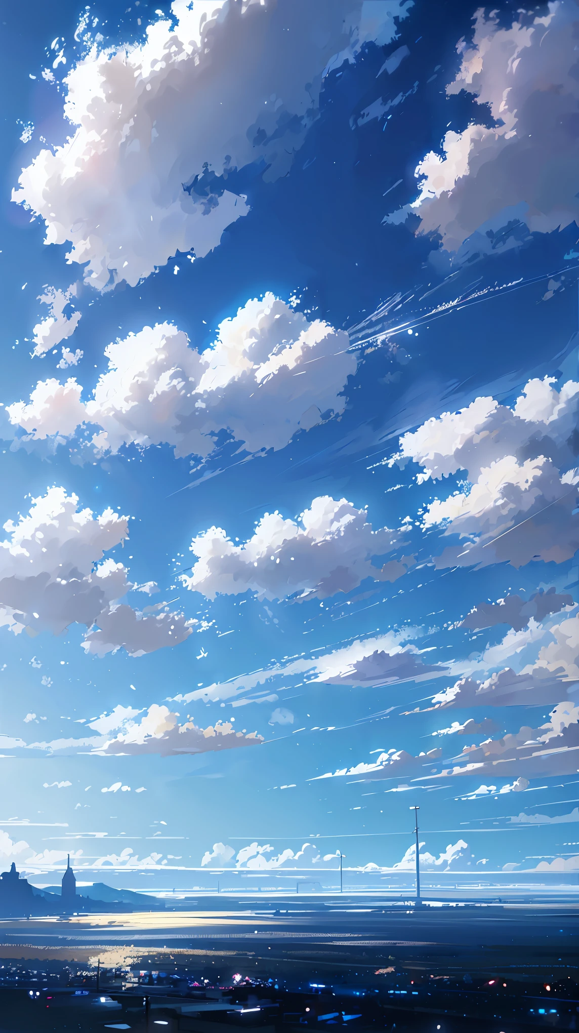 Blue sky and white clouds,Sunlight shines through the clouds, a Painted landscapes by Makoto Shinkai, Featured on Pixiv, Rayonism, Divine Light, Japanese cartoons, Painted landscapes
