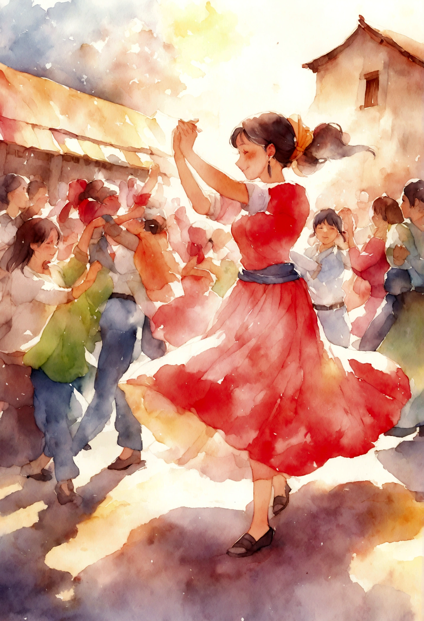 village of Peru, people dancing, Watercolor