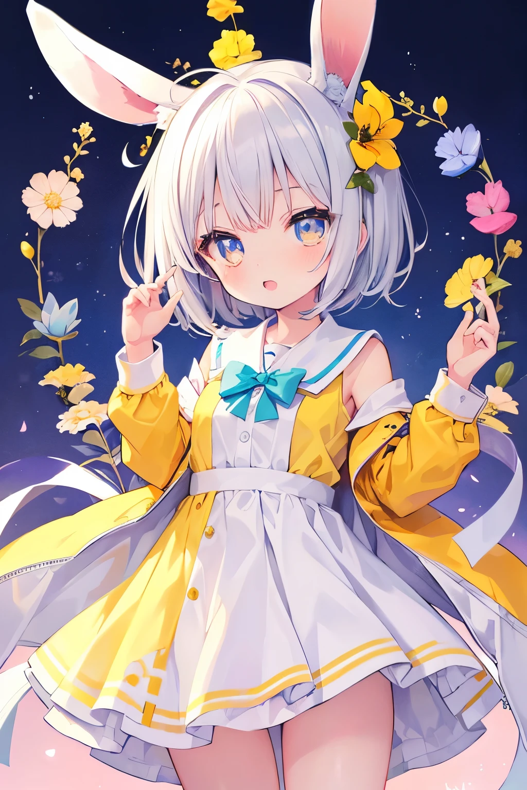 Yellow smock、Yellow  uniform、Bunny girl、Rabbit ears、Very beautiful and Shining Eyes、Shining Eyes、1 girl、Small breasts、Big Mouth、high school girl、Small breasts、Transparent silver short hair、7-year-old gir