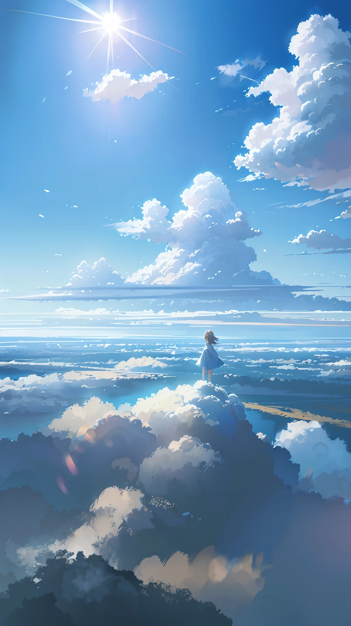 Blue sky and white clouds,Sunlight shines through the clouds, a Painted landscapes by Makoto Shinkai, Featured on Pixiv, Rayonism, Divine Light, Japanese cartoons, Painted landscapes