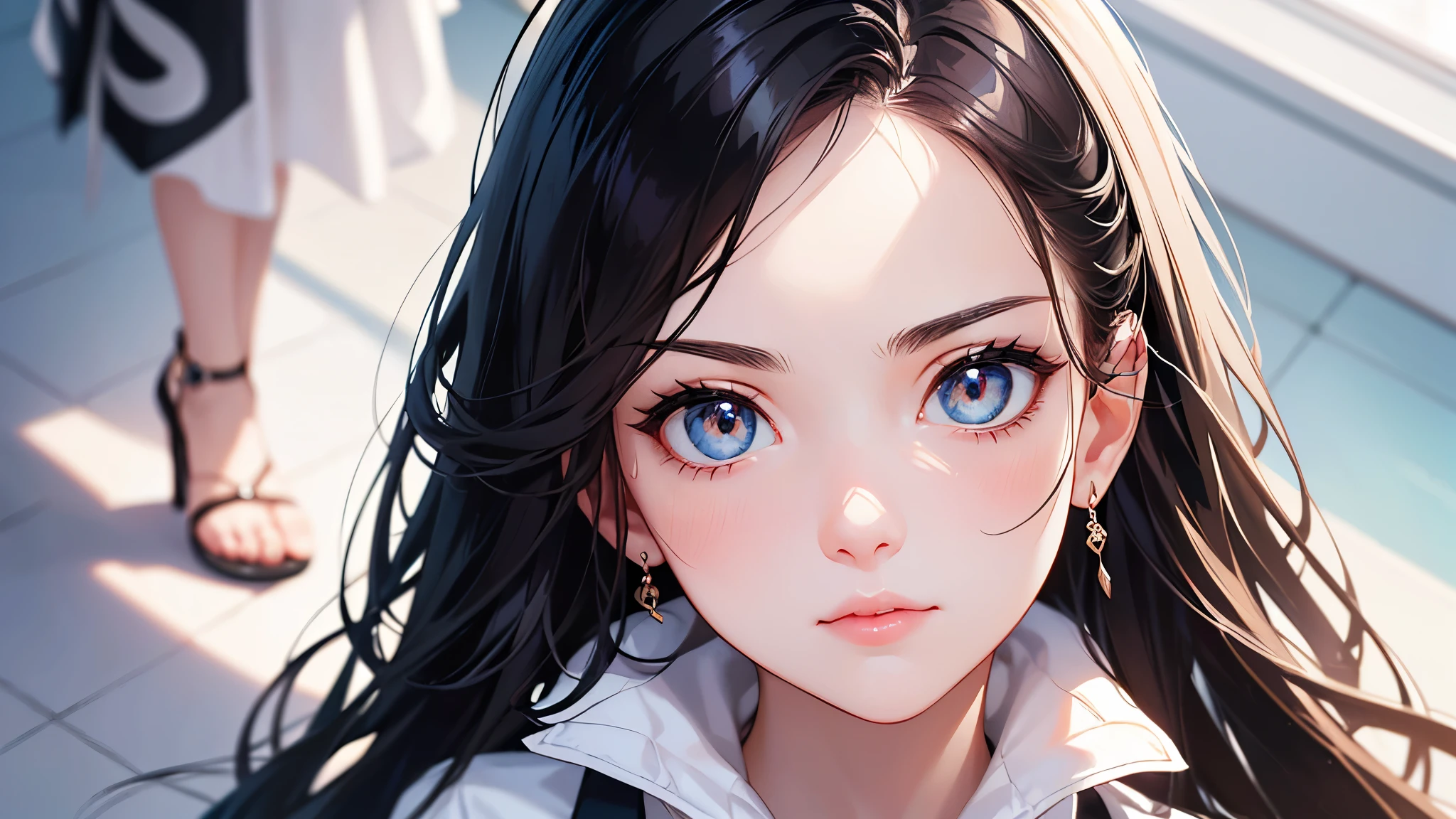 ((Biologically correct limb count))、(( Illustrations including faces))、4K、Masterpiece、((Focus on the face))、((Symmetrical, well-proportioned facial features))、Eyes with delicate depictions、Beautiful woman、Outstanding style、Slender Body、(suit、High heels、((skirt)))、(Looking up)、((Upper body close-up))、((Realistic photo))、(The background is the office、computer)Photo with white border