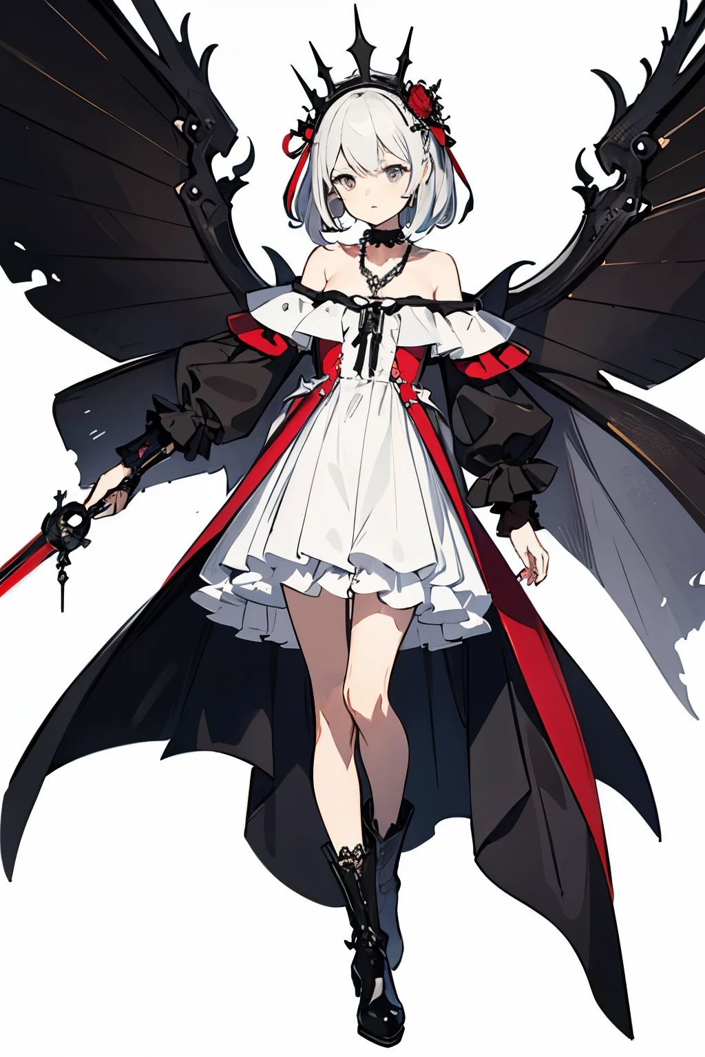  ((best quality)), ((masterpiece)), (detailed), 1girl, Character design, female, dynamic poses, long white grey hair, grey white eyes, very skinny, detailed, best quality, no accesoires around the neck, no shoes, prominent collarbones, skinny arms, flat stomach, visible hip bones, full body, blank white background, plain background, white background, red and white clothing, Bloodborne inspired, occult aesthetic, occult, detailed and intricate steampunk and detailed gothic, NSFW, Very dramatic and cinematic lighting, cosmic horror, grim-dark, side-lighting, perfect face, NSFW, Fluttering lace flared long knee length dress with frilly petticoats, knee length dress, pleated petticoats, petticoats gothic, complex lace boots, side-lighting, gothic aesthetic, wielding a mighty sword with mechanical components, mandalas, small breasts, a fairy, various different types of insect wings, NSFW, full body, whole body, body, plain background, white background, blank background, no background, white background NSFW, chains, full body, whole body, head-to-toe NSFW 