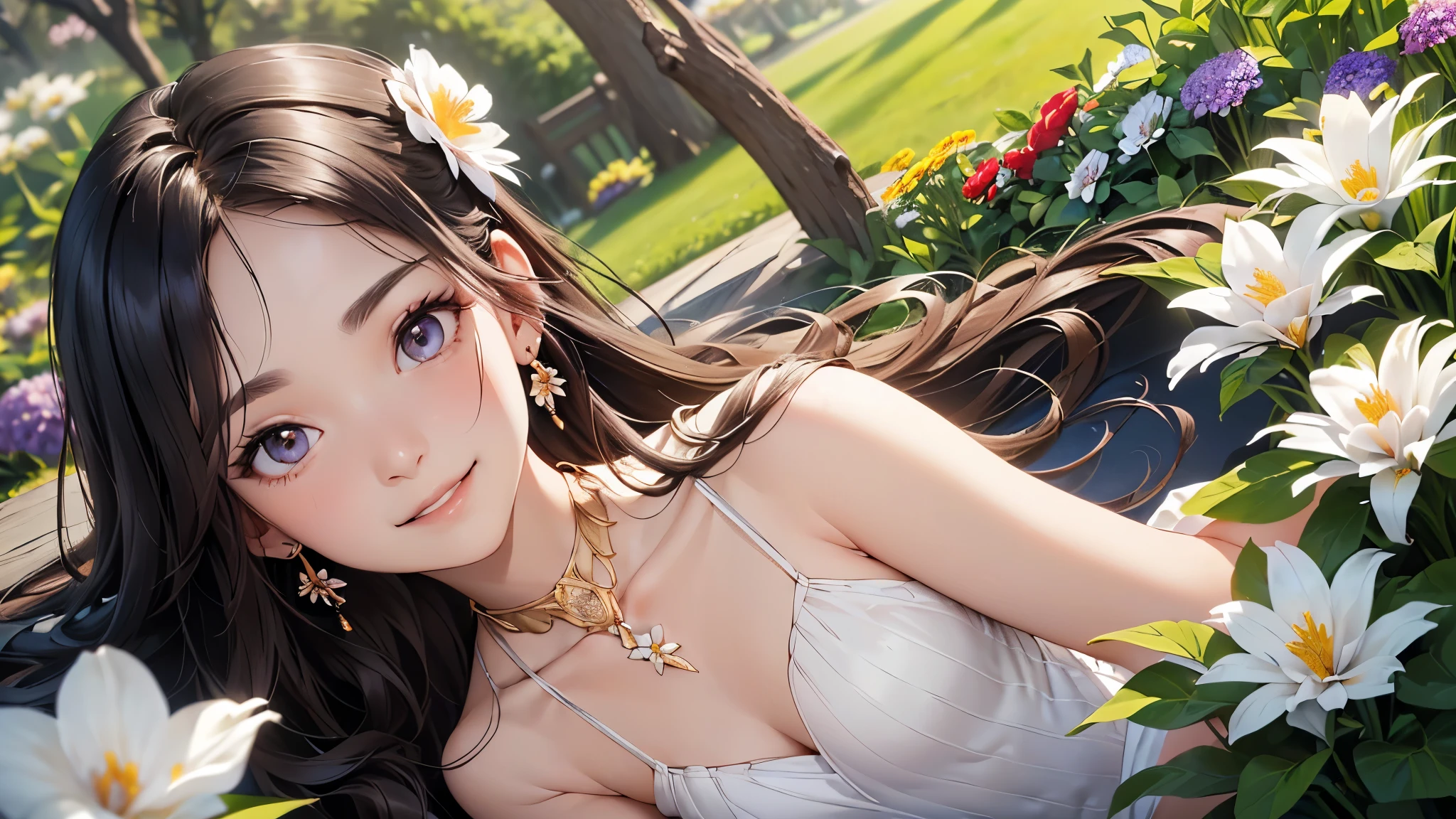 "((Innocent)) girl, golden hour, dreamy meadow, ethereal, whimsical, flowing dress, soft sunlight, enchanting, butterfly wings, (Pastel clouds), liquid reflections super resolution realistic flower crown flower dress flower garden 