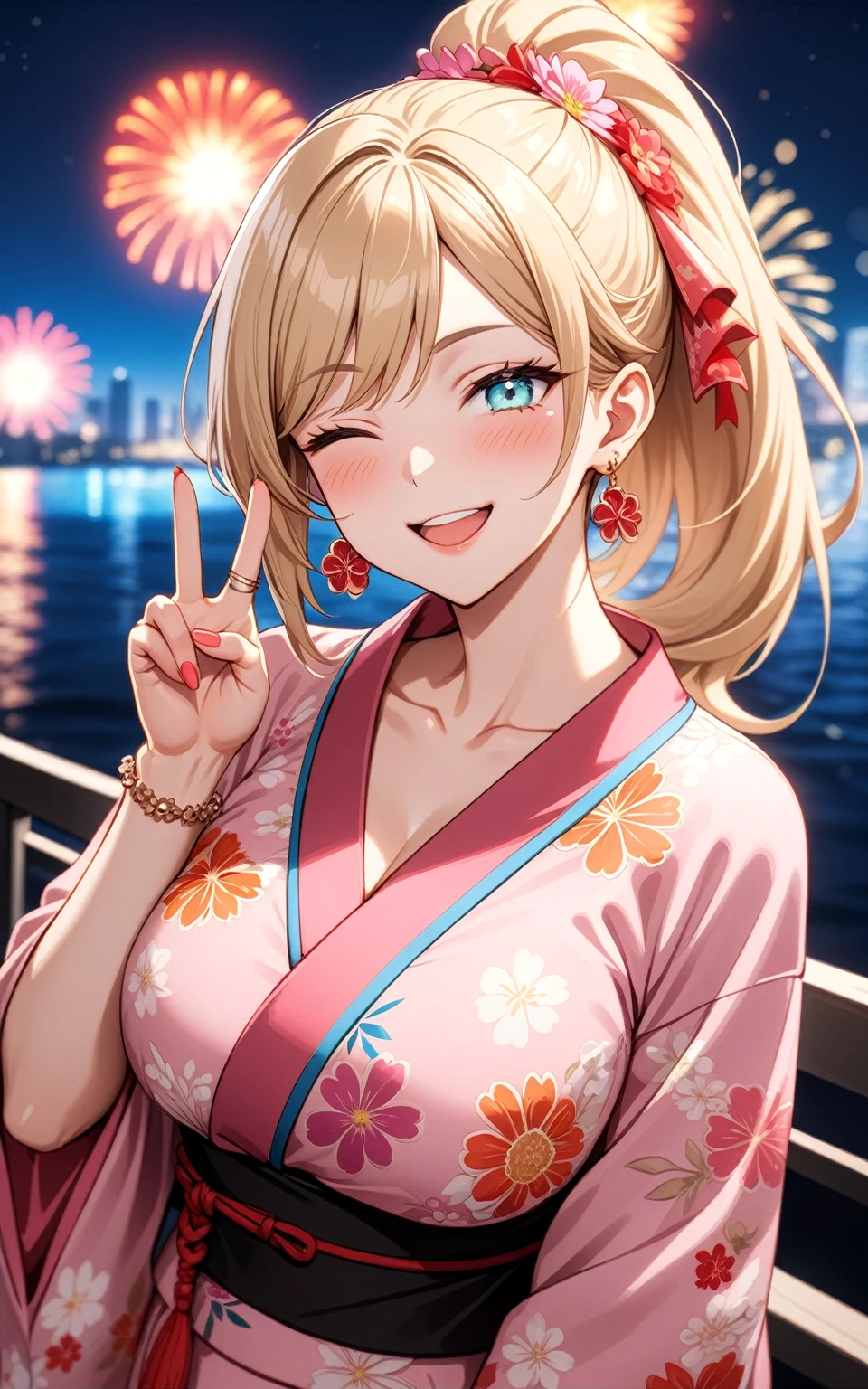 ((one personの女性)), Beautiful Face,(a woman making a peace sign. She is forming a peace sign with both hands and smiling at the camera), Laughing embarrassedly,((Wink:2.0)),Laughing with your mouth open,((Red cheeks:1.3)),Lighting on the face,Glossy pink lips,night,rooftop,Festive decorations,You can see the ocean, firework,((Anime style background)),masterpiece, highest quality, so beautiful, Latest, Complex details, (Pink long nails),(ring),(flower bracelet),Floral choker,AI-generated, Complex,High resolution, highest quality, super high quality,3D Images、View your viewers、3D Images,one person,Long Blonde Hair,High Ponytail,Turquoise Eyes,Anime woman posing for a photo, (Fine grain,Colorful eyes,Shining Eyes:1.4),(Squint your eyes:1.1),a hyperRealistic , hyperRealistic , Realistic,Blonde anime woman with long hair, Smooth anime CG art, A woman in a colorful kimono with gold embroidery, (Pink kimono),Red floral pattern,Long flower hair ornament,Large floral earrings,(ring),(:1.1),Mature BodyBig Ass,Fine details,ht waist,Abdominal muscles,(Face close up:1.6),(Tilt your face), Shooting from an angle,