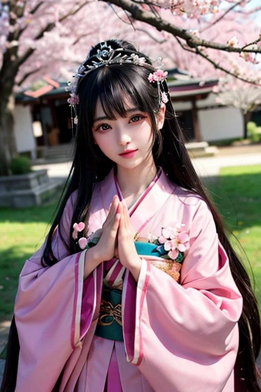 goddess　１２unlined kimono　The color is lustrous　upright　Joining hands in prayer　looking at the camera　Background is cherry blossoms　Front view　　tiara　Upper Body　big　sun
