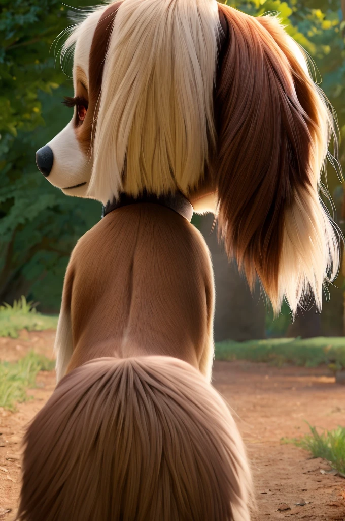 Cavalier King Charles spaniel, female, rear view, wild, (anatomically correct), background.