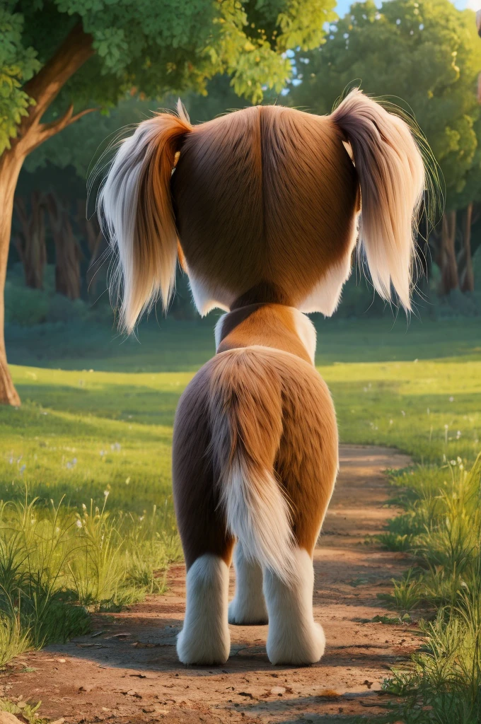 Cavalier King Charles spaniel, female, rear view, wild, (anatomically correct), background.