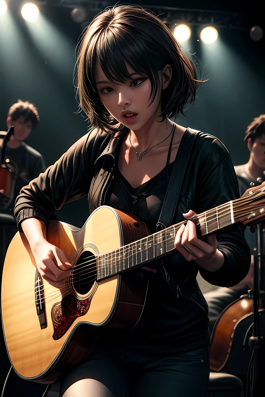 a talented guitarist playing an Acoustic guitar, photorealistic, highly detailed, intricate, cinematic lighting, dramatic shadows, vibrant colors, musical instruments, stage performance, focus on the musician's hands and expression, crowd in the background, studio lighting, ultra-detailed, best quality, 8k, HDR