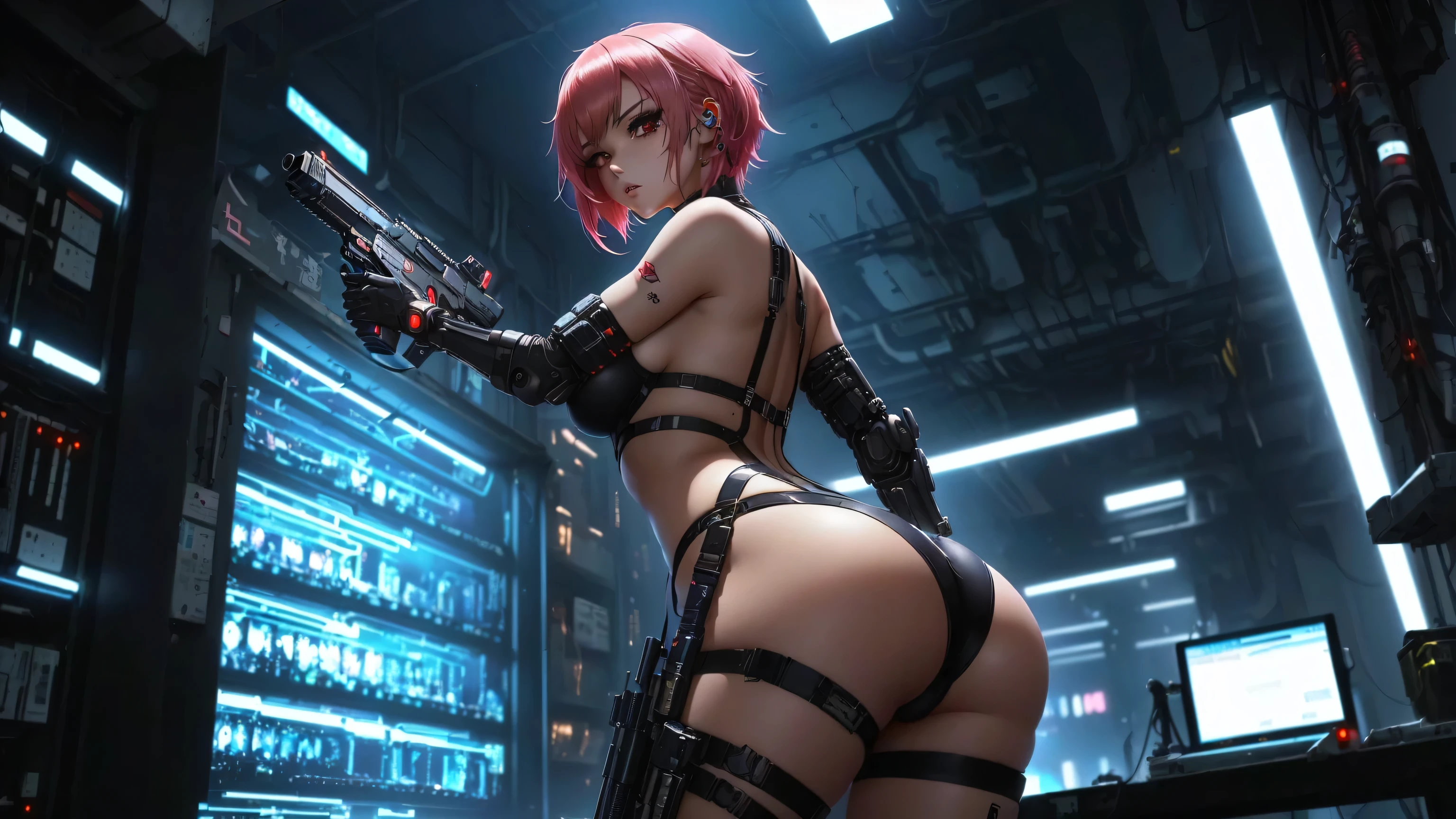 anime girl dans une tenue sexy tenant une arme à feu dans une pièce, oppaï cyberpunk, female cyberpunk anime girl, cyberpunk anime girl, animated cyberpunk art, Cyberpunk animated art, not armed, yeux rouge