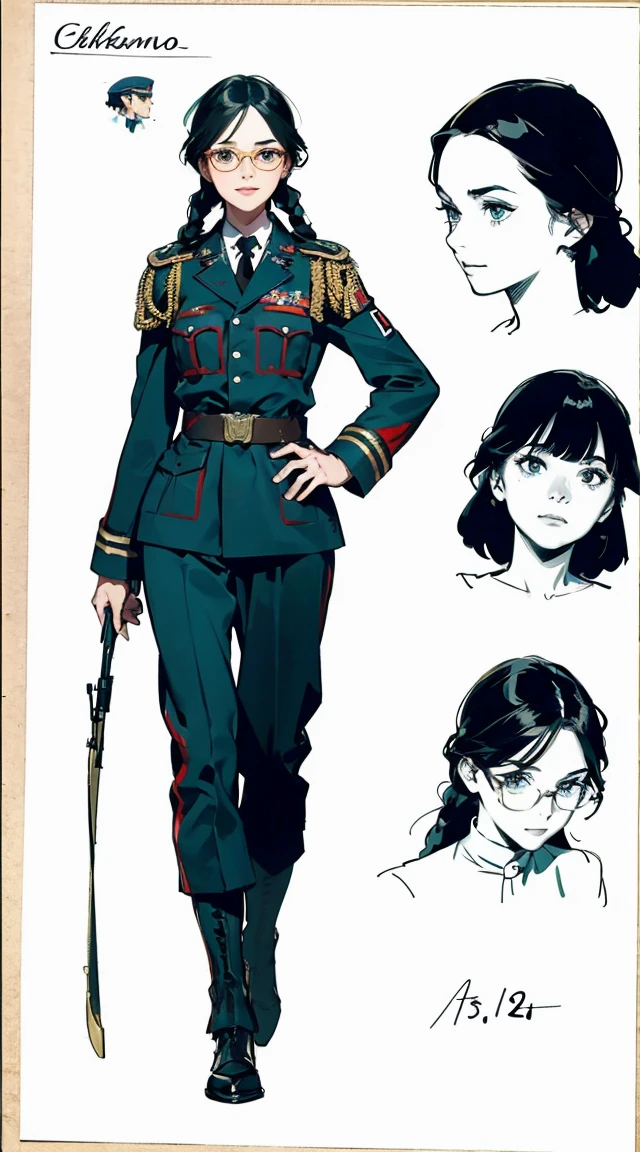 Japanese manga style character sheet of cyberpunk girl, front and back, full body, colorful cyberpunk clothes, white and black background, wearing rifle on back, equipment, detailed, intricate 
 Drawing Lessons, beste-Qualit, Poses, Correct anatomy,Sketch Beech, Epic Poses, The clothes, pencil, Drawing,  Modest outfit, remote shot, detailed beautiful delicate face, detailed beautiful delicate eyes, perfect facial proportions, high-definition skin, fine skin, four-inch best ratio. With one thumb, a masterpiece, highly detailed, realistic, (World War II German general uniform reference : 1.8), the highest face resolution, adult, modestly dressed woman, dressed entirely, ( small, black hair, black straight bangs, super fine braids, straight bangs, red glasses, dark green eyes), future, science fiction, fighter plane, standing On the landing of a fighter plane, the government agency, a deep intelligent personality, a calm expression, a respectful face, a war, a fighter plane  (La mejor calidad:1.1), (Obra maestra:1.4), (absurdos:1.0), retrato, primer plano,1girl, Marinero Urano, KizukiAi, Mujer madura, small breasts, aqua eyes, cabello rubio, Uniforme Sailor Senshi, Collar de marinero, arco de pecho, Arco trasero, Falda suplicante, Guantes blancos de codo, Acostado boca abajo, en el suelo, con el trasero en alto, mostrando el culo de espaldas, without looking back