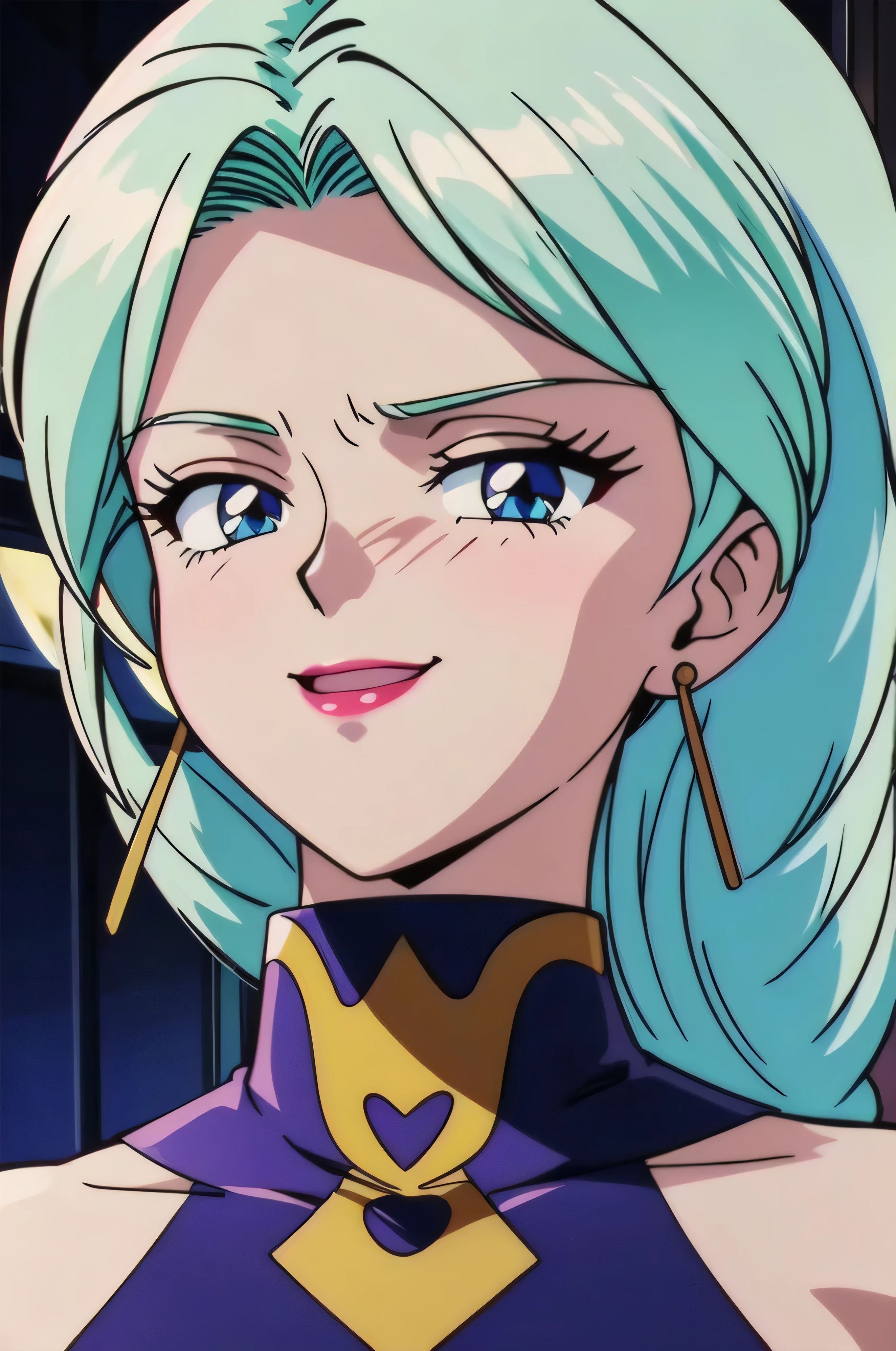 1girl, solo, facing viewer, looking down at viewer,,evil smile, BERTIE,,Highly detailed CG Unity 8K wallpaper, perfect lighting,official art,,(beautiful_face:1.5),(narrow_waist),,Highly detailed CG Unity 8K wallpaper, perfect lighting, anime screencap, retro artstyle, anime coloring, traditional media,evil huge laugh,lipstick,sadistic smile,deep shaded face,single braid,smile worst,,one braid,lightblue leotard,