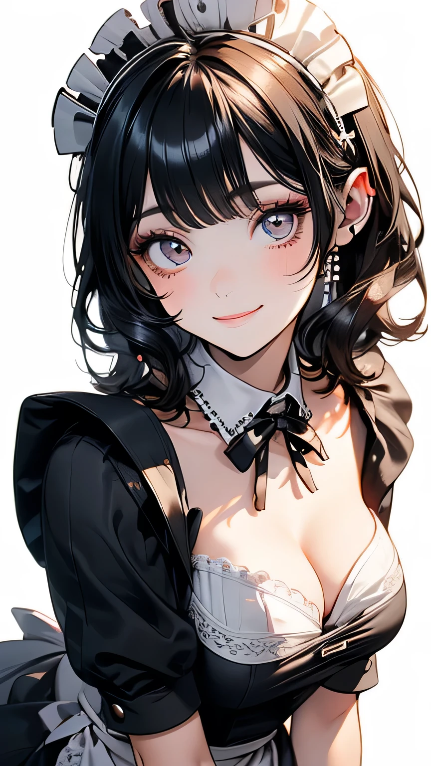 ((Beautiful maid:1.5),High resolution, highest quality),Wearing maid uniform,Super Detail, Big bright eyes, Dark and vibrant curly hair, Cute smile, Rosy Cheeks, Soft Light, Pure white background.  