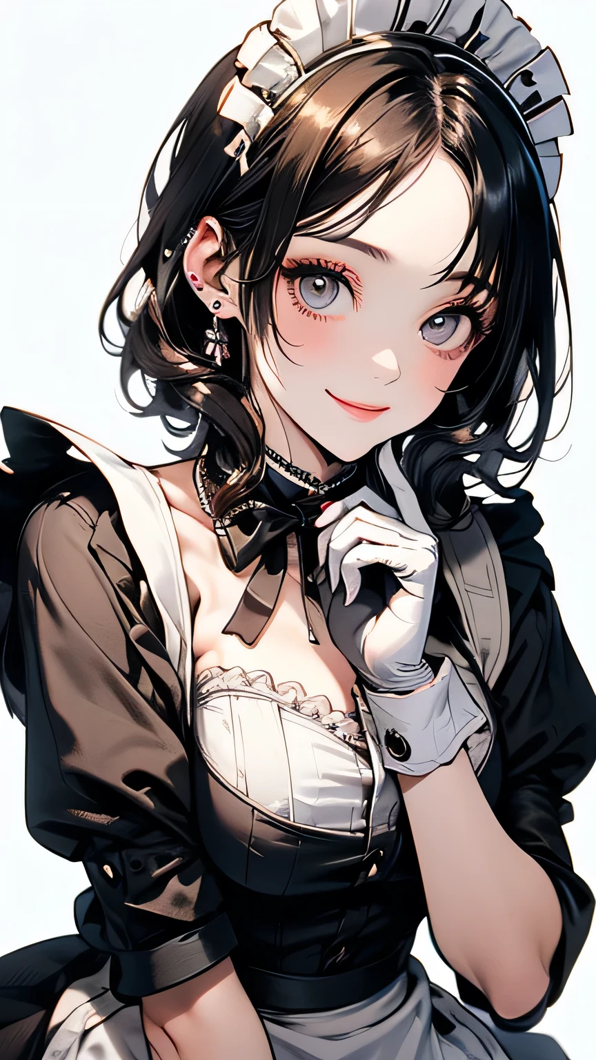 ((Beautiful maid:1.5),High resolution, highest quality),Wearing maid uniform,Super Detail, Big bright eyes, Dark and vibrant curly hair, Cute smile, Rosy Cheeks, Soft Light, Pure white background.  
