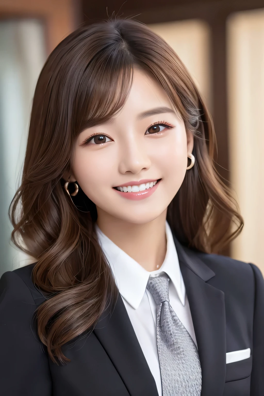 young woman、 Korean women、Light brown hair、Wavy Hair、、ear piercing、、Black business suit、White dress shirt、tie、smile、Beautiful teeth alignment、Intricate details, Very detailed:1.2), 、 Looking into the camera,The background is the town、