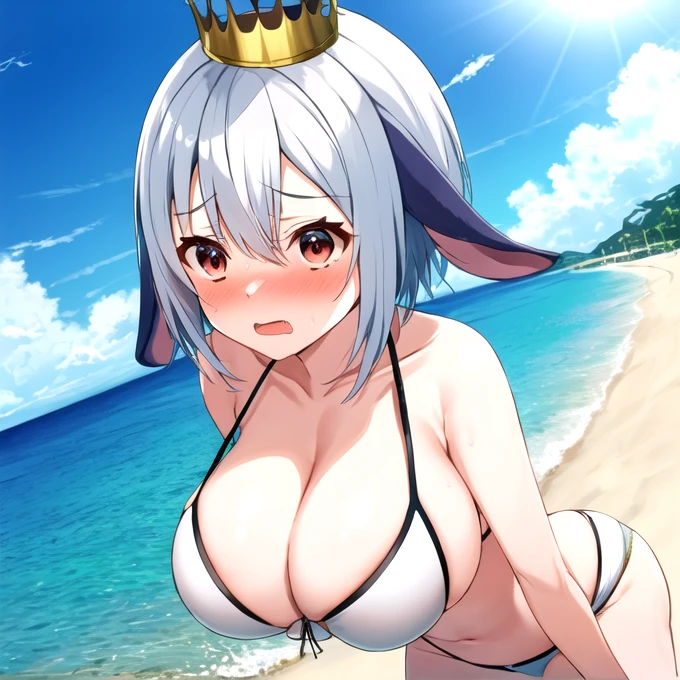 yamaguro nekuro,alone,One girl,Goat ears,Crown、Huge breasts、Beach、White Bikini、 body type、Embarrassed face、Gray Hair、Semi-short bob、Short girl、