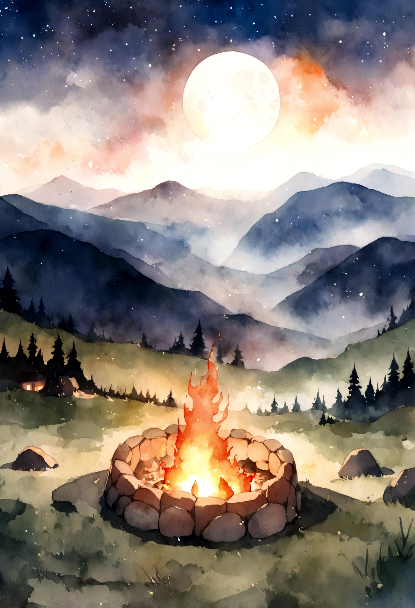 Mountains, Valley, bonfire, moon, stars, Watercolor