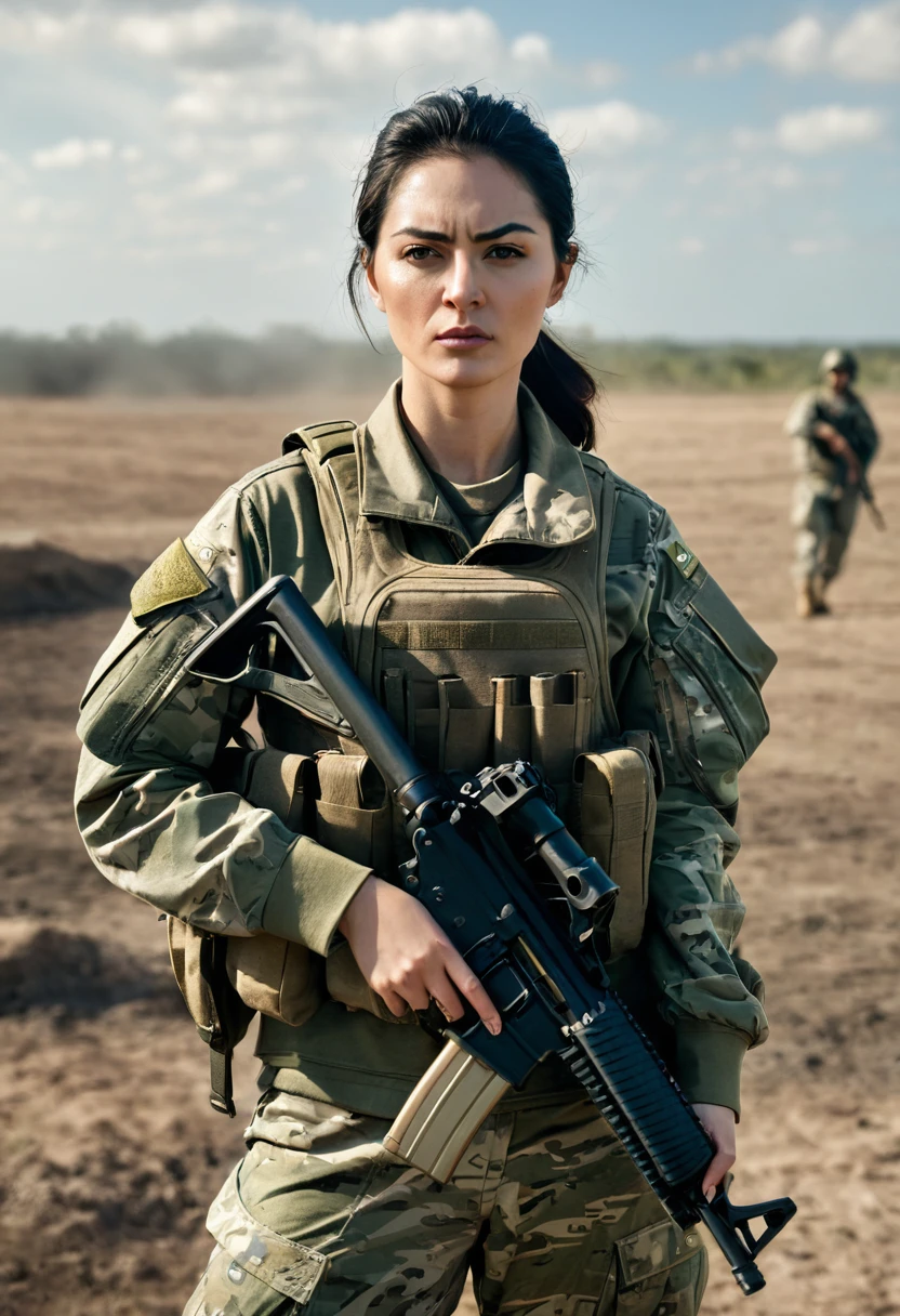 The image portrays a woman in military fatigues, holding a gun and standing in a battlefield setting.
