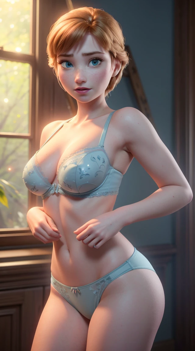 nsfw,A photo of Anna of Arendelle in lace panties,Small breasts,Light blue bra、(masterpiece:1.2), (highest quaLightingy), (Very detailed), (8k, 4K, Complex),(Full Body Shot:1), (85mm),Particles of light, Lighting, (Very detailed:1.2),(Detailed face:1.2), (Gradation), software, colorful,(Fine Eyes:1.2),