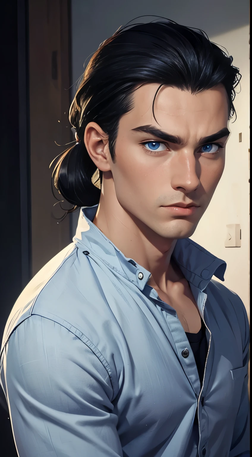 masterpiece, (best quality:1.4), portrait Solo, young male, man, european, blue eyes, black hair, pony tail, pale skin, casual plain clothes, serious eyes