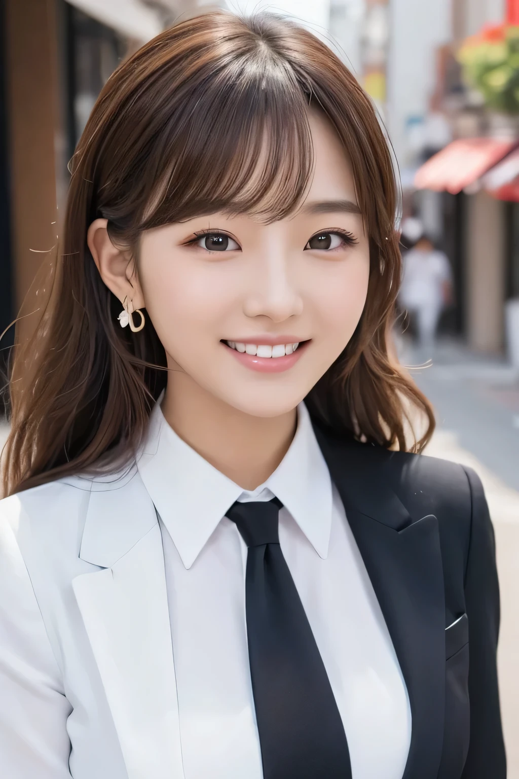 young woman、 Korean women、Light brown hair、Wavy Hair、、ear piercing、、Black business suit、White dress shirt、tie、smile、Beautiful teeth alignment、Intricate details, Very detailed:1.2), 、 Looking into the camera,The background is the town、

