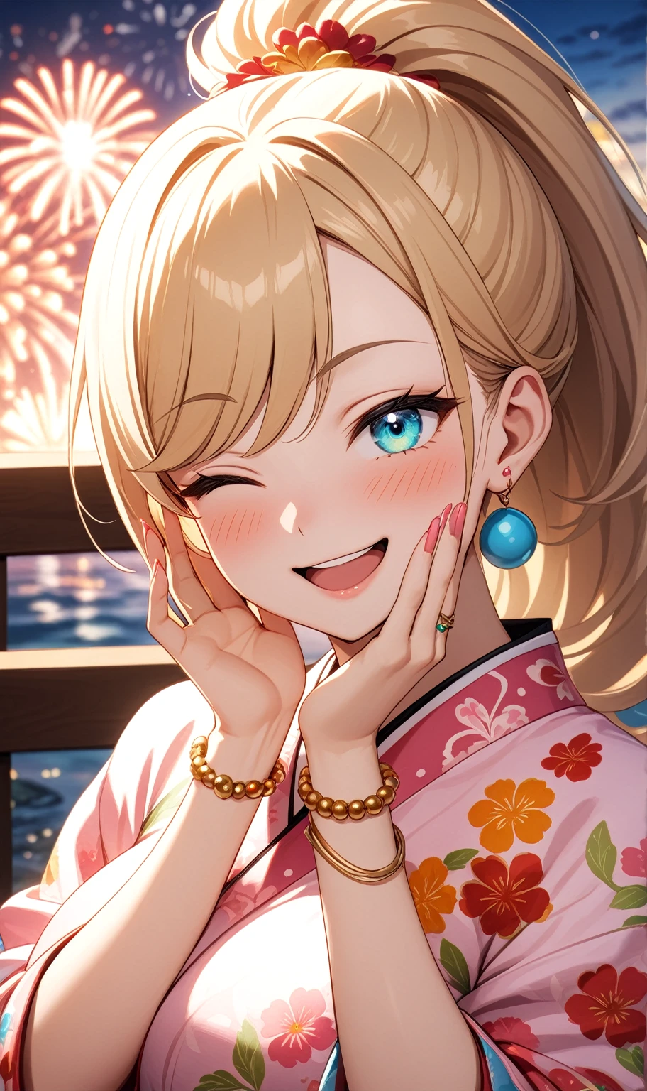 ((one personの女性)), Beautiful Face,(a woman making a peace sign. She is forming a peace sign with both hands and smiling at the camera), Laughing embarrassedly,((Wink:2.0)),Laughing with your mouth open,((Red cheeks:1.3)),Lighting on the face,Glossy pink lips,night,rooftop,Festive decorations,You can see the ocean, firework,((Anime style background)),masterpiece, highest quality, so beautiful, Latest, Complex details, (Pink long nails),(ring),(flower bracelet),Floral choker,AI-generated, Complex,High resolution, highest quality, super high quality,3D Images、View your viewers、3D Images,one person,Long Blonde Hair,High Ponytail,Turquoise Eyes,Anime woman posing for a photo, (Fine grain,Colorful eyes,Shining Eyes:1.4),(Squint your eyes:1.1),a hyperRealistic , hyperRealistic , Realistic,Blonde anime woman with long hair, Smooth anime CG art, A woman in a colorful kimono with gold embroidery, (Pink kimono),Red floral pattern,Long flower hair ornament,Large floral earrings,(ring),(Big Breasts:1.1),Mature Body,Tall,Big Ass,Fine details,Tight waist,Abdominal muscles,(Face close up:1.6),(Tilt your face), Shooting from an angle,
