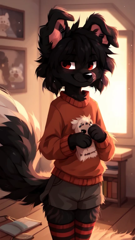  ((by reysi)),  Best quality, Super detailed illustration, Warm colors, Ideal lighting, (Fluffy dog boy:1.6), (black fur:1.5), disheveled thick hair, short shorts, red and black striped stockings, dark red long sleeve sweater, in a cosy room, smug smile, tricky glance , femboy, Slim, perfect body,