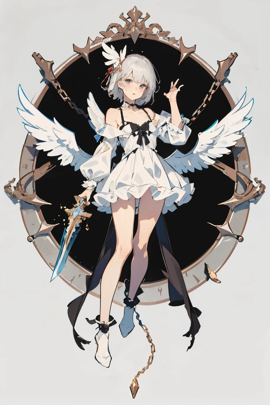  ((best quality)), ((masterpiece)), (detailed), 1girl, off-shoulder, Character design, female, dynamic poses, long white grey hair, grey white eyes, very skinny, detailed, best quality, no accesoires around the neck, no shoes, prominent collarbones, skinny arms, flat stomach, visible hip bones, full body, blank white background, plain background, white background, red and white clothing, Bloodborne inspired, occult aesthetic, occult, detailed and intricate steampunk and detailed gothic, NSFW, Very dramatic and cinematic lighting, cosmic horror, grim-dark, side-lighting, perfect face, NSFW, Fluttering lace flared long knee length dress with frilly petticoats, knee length dress, pleated petticoats, petticoats gothic, complex lace boots, side-lighting, gothic lolita aesthetic, wielding a mighty sword with mechanical components, various different types of insect wings, NSFW, full body, whole body, body, plain background, white background, blank background, no background, white background NSFW, chains, full body, whole body, head-to-toe NSFW 