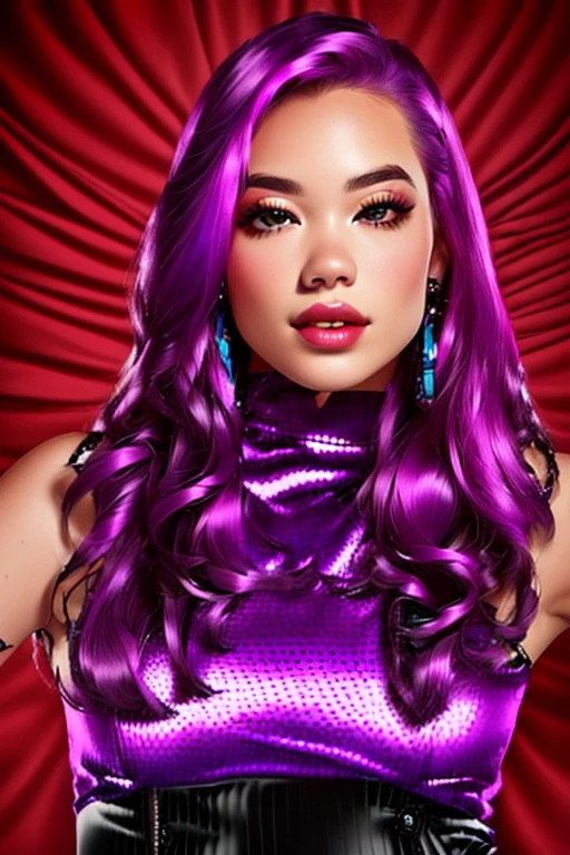 1girl, 18 years old, Luna Rose Williams, Japanese ancestry, some caucasian ancestry, , 5'5” tall, waist-length hair, purple dyed hair, flowing hair, blue eyes, bright and shiny eyes, full lips, pink lips, slim body, fit, curvy hips, modest bosom, small hands, delicate hands, shy expression, bubbly, outgoing, black sweater, black “My Chemical Romance” pajama pants