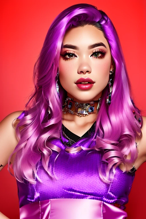 1girl, 18 years old, Luna Rose Williams, Japanese ancestry, some caucasian ancestry, , 5'5” tall, waist-length hair, purple dyed hair, flowing hair, blue eyes, bright and shiny eyes, full lips, pink lips, slim body, fit, curvy hips, modest bosom, small hands, delicate hands, shy expression, bubbly, outgoing, black sweater, black “My Chemical Romance” pajama pants