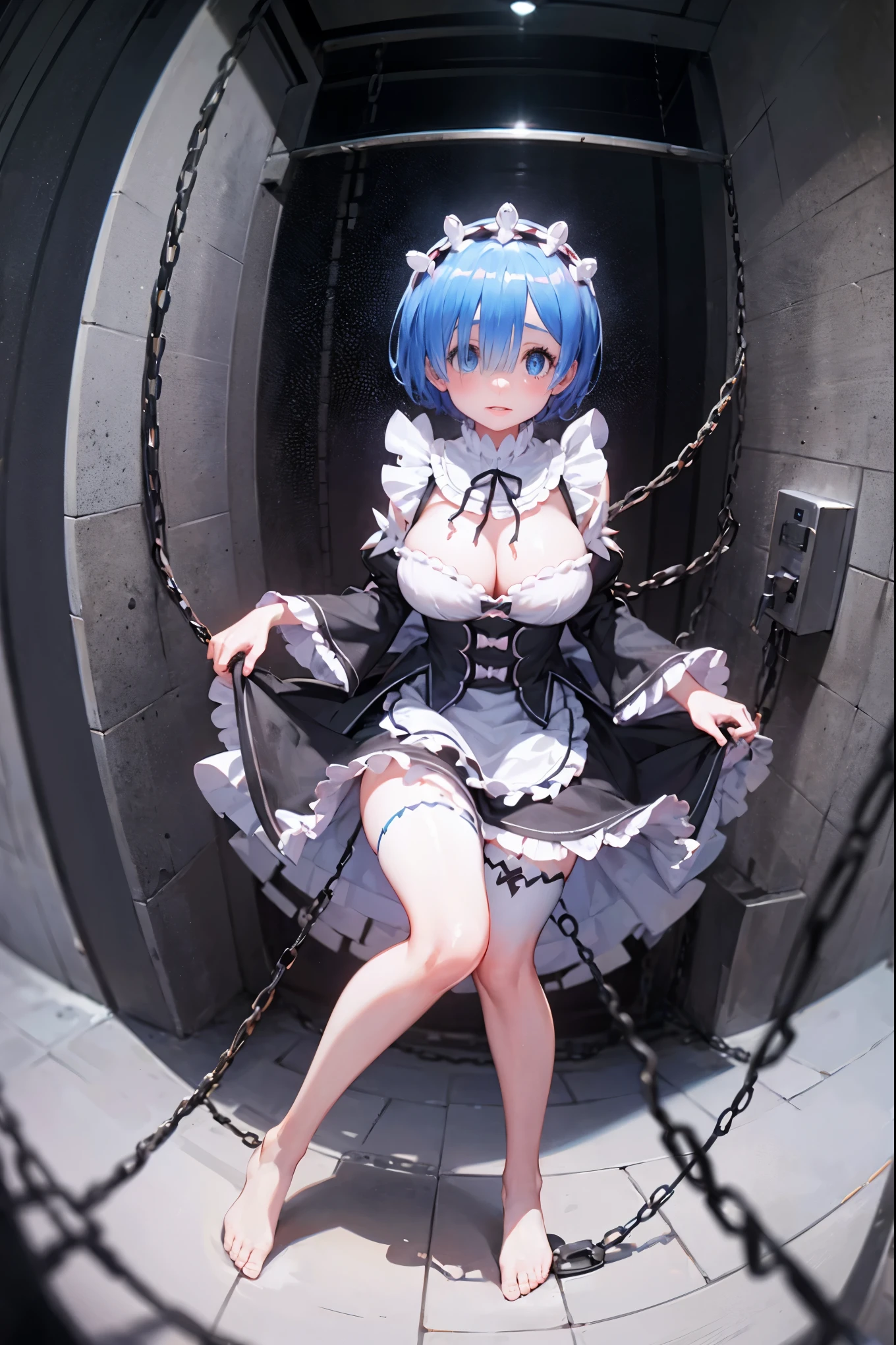 Underground Prison、The floor beneath my feet is crumbling、((((Rem in chains)))),(((((Fisheye Lens)))))、((Super huge breasts))、(((Plump thighs)))、(((Rem from Re:Zero)))、looking at the camera、High qualityHigh quality、8ｋ、(((((Full body description)))))、Chest、Fantastic、((((((Tightly torn maid uniform))))))、looking at the cameraで、barefoot、(((Tall Rem)))、Sweat splashes、Clothes are ripped off