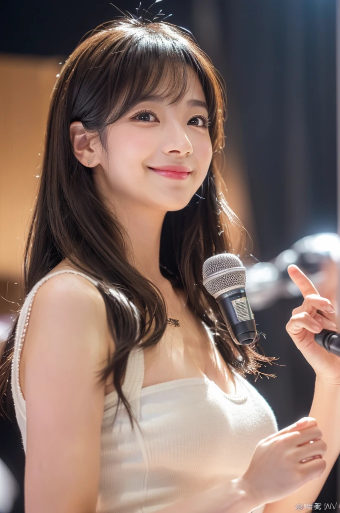 (high resolution、high quality、High resolution、detailed、8k、masterpiece)、超A high resolution、(Photorealistic:1.3)、RAW Photos、1 girl、Disheveled silvery-white long hair、Glowing Skin、((Ultra-Realistic Details))、Portrait、Global Illumination、Shadow、Octane Rendering、8k、Super sharp、Beautiful breasts、Beautiful Eyes、Bright colors、smile、非常に複雑なdetailed、Realistic Light、CGSoation Trend、Beautiful Eyes、Shining Eyes、Smile on your face at the camera、ネオンのdetailed、20age、Mean、Small devil、Obscene、wide shot、full body、Healthy body shape、Cosplay、A little sexy、Moe、Super cute、Beauty、pure、Fall in love、Idol、The sunlight is gentle、A smile that will make any otaku swoon、intellectual、Mature look、Fluttering costumes、Rorish、Perform on stage、concert photography、Cute Core、(((Observe the audience)))、とても美しくて美しい女性Idol、(Japanese、Beautiful contours、Beautiful Eyes、Cute eyes)、Sing on live stage、Singing scene、((Bright colorsのワンピース)), Warm Light、(Anatomically correct)、(Perfect figure)、(Natural Hands、natural finger)
