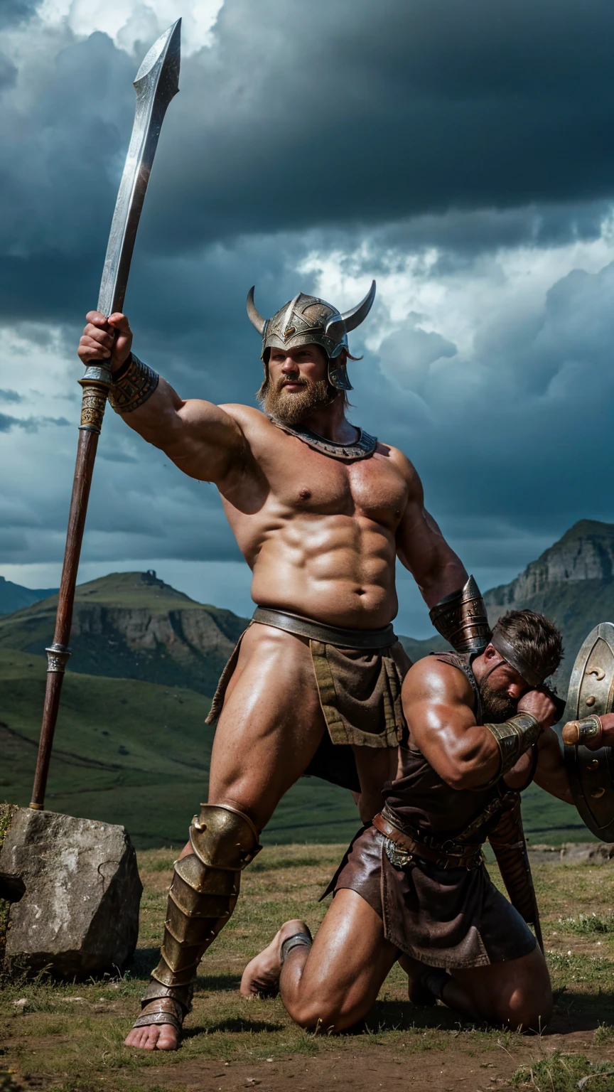 a robust build barbarian, mid combat, He is a ferocious fat barbarian, leather armor, viking helmet, armored short skirt, holding a double edged ancient legendary axe, legs exposed from thighs to feet, (best quality, photo-realistic:1.37), ultra-detailed, Viking War Axes, fierce warriors, ancient battlefields, epic showdown, intense power, historical warfare, dramatic lighting, mystical aura, mythical battlegrounds, legendary struggle, heroic champions, fearless warriors, battle cry, triumph and glory, immersive atmosphere, epic combat, mythical warriors, ancient Norse, cinematic composition, intense energy, mythical heroes, fierce determination, breathtaking action, dynamic poses, mythical realms, mythical strength, ((ultra sharp)), ((masterpiece)), ((best quality)), ((ultra detailed)), ((intricate details)), Inguinal region detailed, 