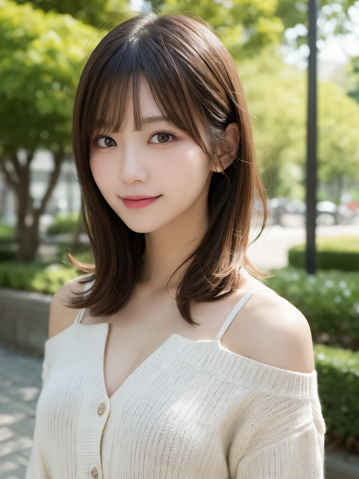 masutepiece, Best Quality, Illustration, Ultra-detailed, finely detail, hight resolution, 8K Wallpaper, Perfect dynamic composition, Beautiful detailed eyes, doress, short Hair, mid-chest, Natural Color Lip, Random and sexy poses,Smile, Blurred park background、20 years girl、Colossal 、Too much exposure、No shoulder knitwear(white)、Exposing the chest、Slid、I keep my hair tied up