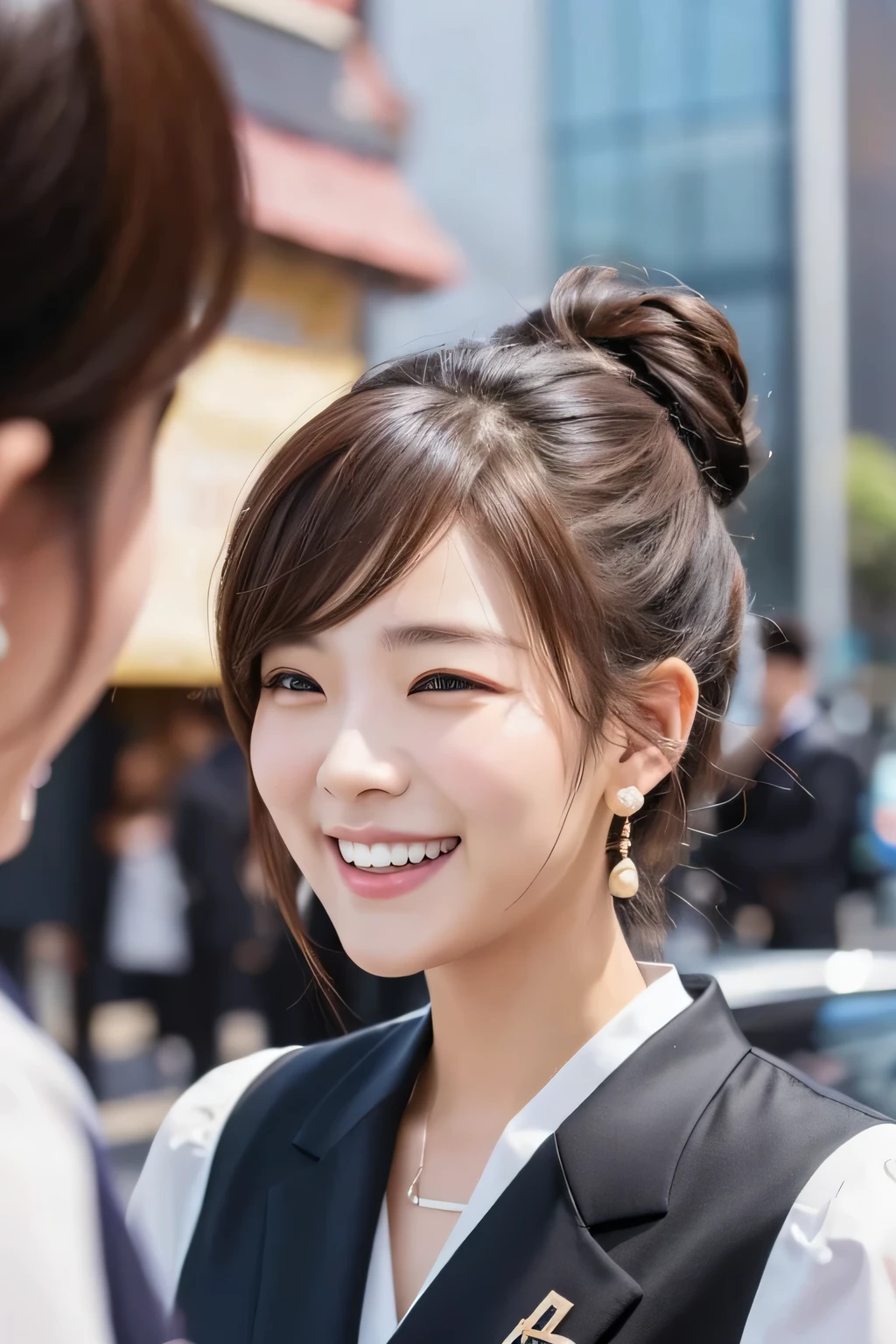 young woman、 Korean women、Brown Hair、Hairstyle bun、ear piercing、、Black business suit、smile、Laugh with your mouth closed、Intricate details, Very detailed:1.2), 、 Looking into the camera,The background is the town、
