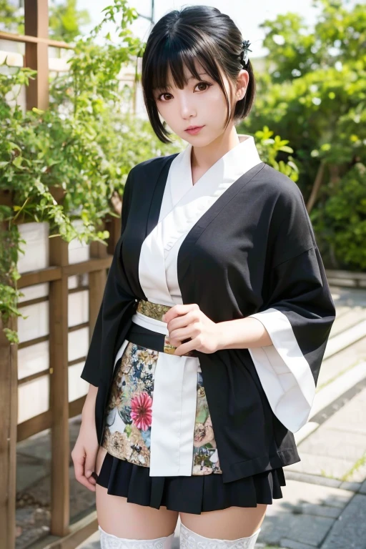 1girl, solo, looking at viewer, short hair, bangs, skirt, black hair, hair ornament, thighhighs, standing, outdoors, japanese clothes, kimono, blurry, black eyes, white thighhighs, sash, blurry background, floral print, realistic, architecture, east asian architecture,full_body,japanese