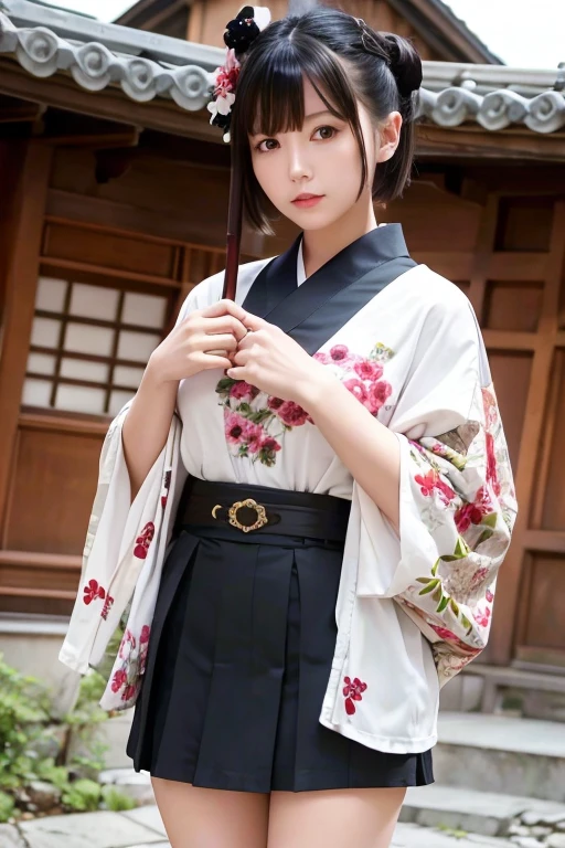 1girl, solo, looking at viewer, short hair, bangs, skirt, black hair, hair ornament, thighhighs, standing, outdoors, japanese clothes, kimono, blurry, black eyes, white thighhighs, sash, blurry background, floral print, realistic, architecture, east asian architecture,full_body,japanese